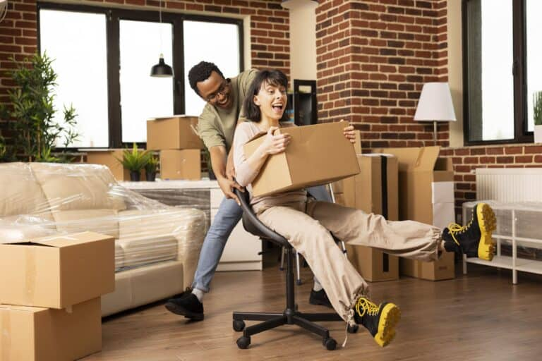Office and commercial relocation moving boxes on chair